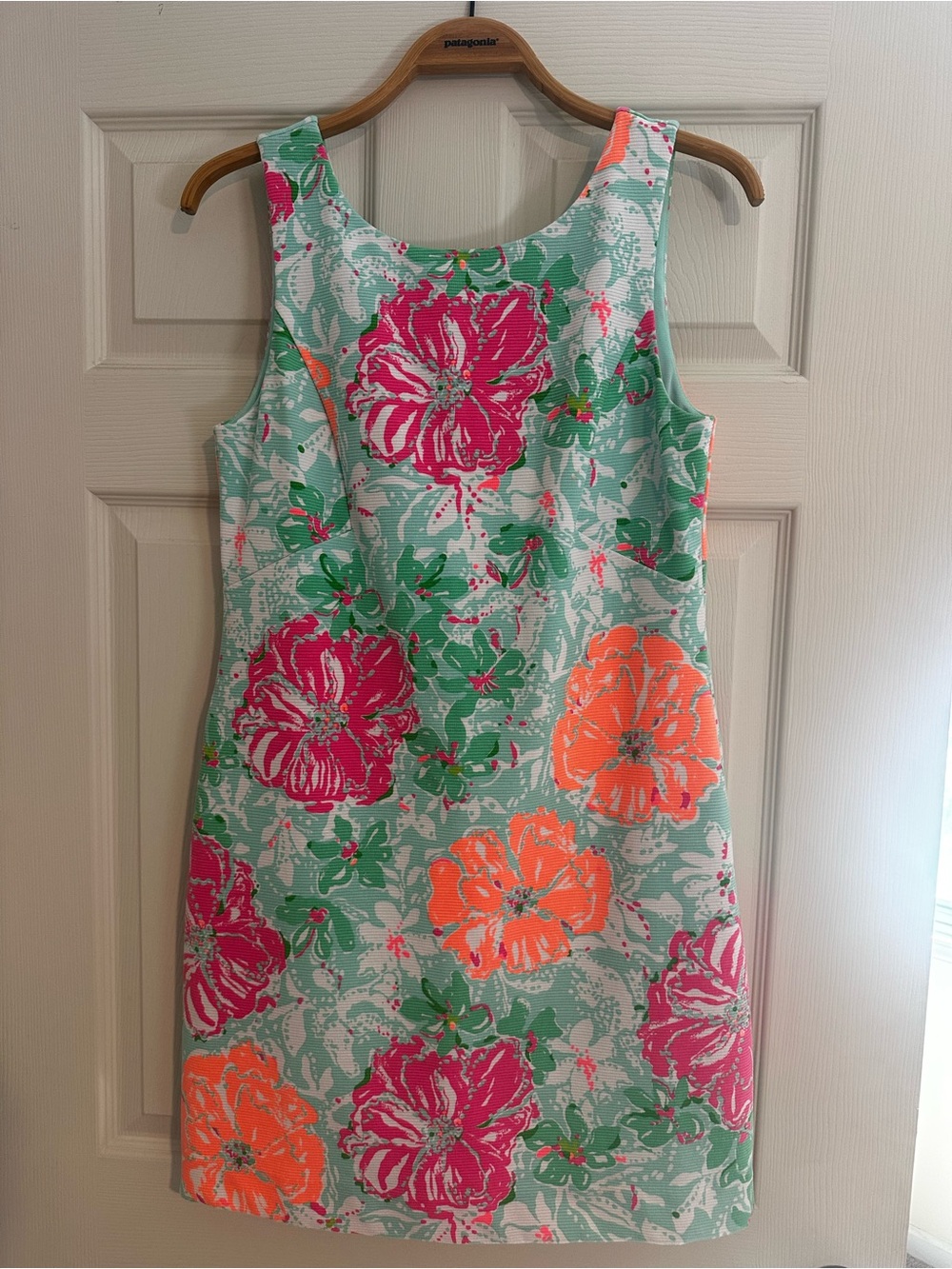 Lilly Pulitzer. Floral Sheath Dress in Mint with Pink & Orange Blooms
